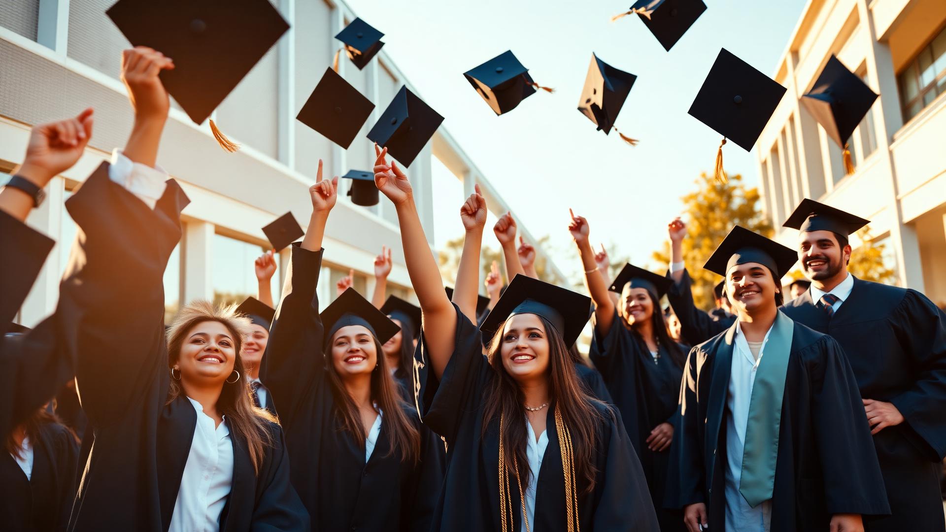 International graduates celebrating on a modern university campus